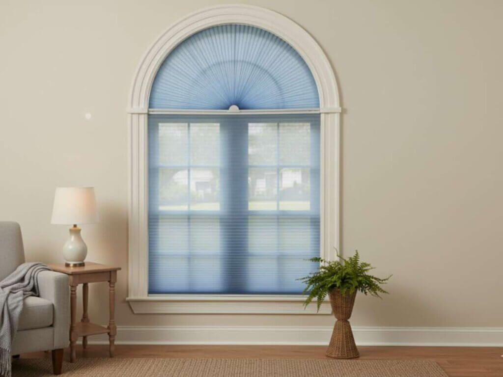 Pleated Shades in Arched Window Living Room