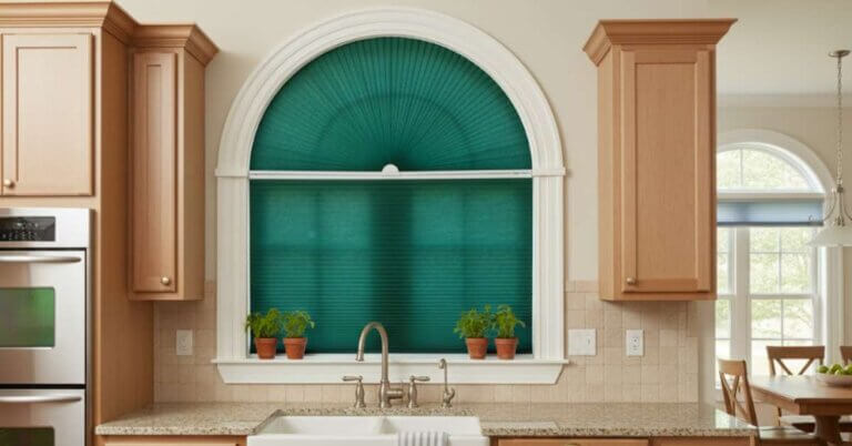 Pleated Shades in Kitchen Arched Windows