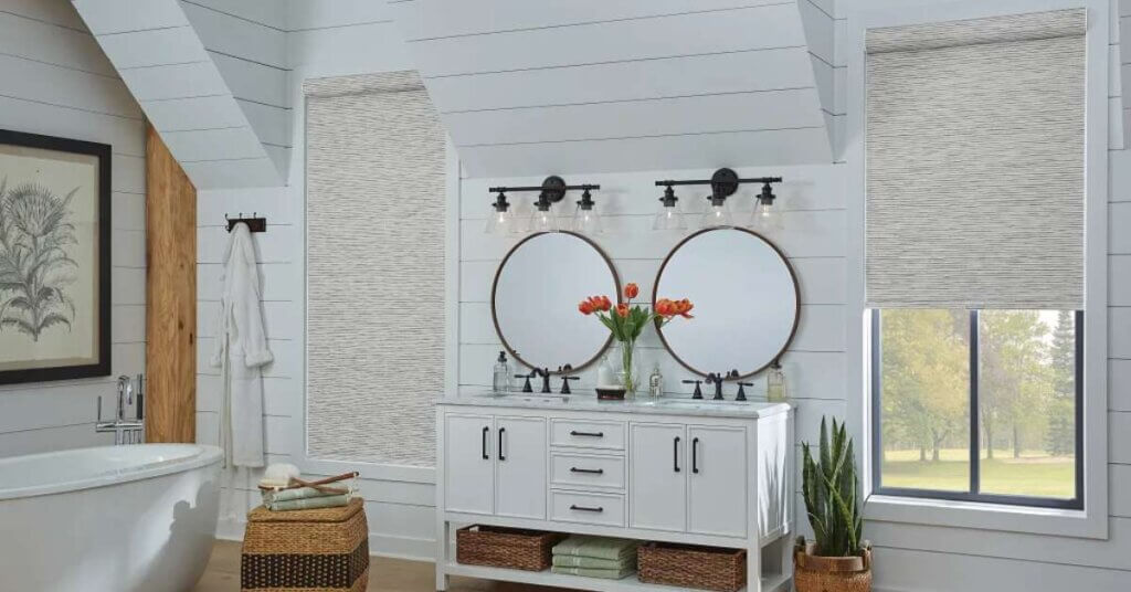 Graber Patterned Roller Shades in Bathroom