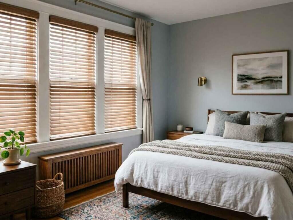 Wood blinds installed in a bedroom